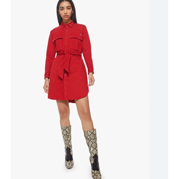 NWT MOTHER Cadet Denim Belted Mini Shirtdress in Haute Red Size M - Picture 5 of 15